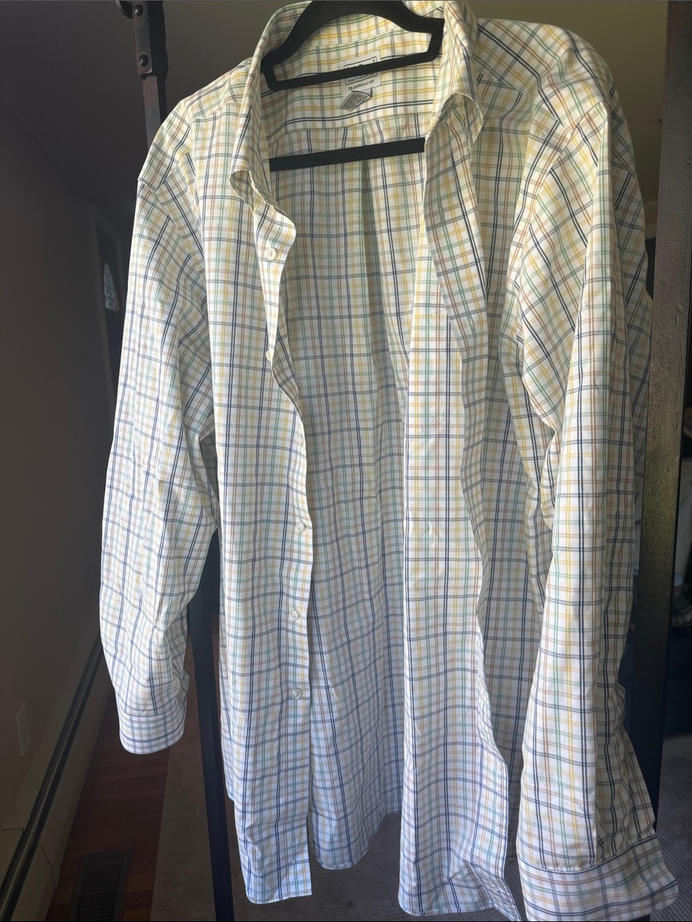 L.L. Bean Men's White Plaid Button-Down Shirt with Blue & Yellow